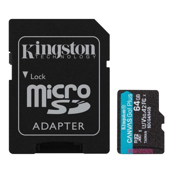 Kingston SDCG4-64GB 64GB microSDXC Canvas Go Plus Gen4 200MB-s A2 U3 V30 Card + ADP Hafıza Kartı