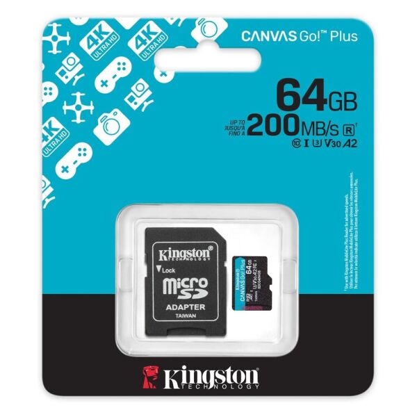 Kingston SDCG4-64GB 64GB microSDXC Canvas Go Plus Gen4 200MB-s A2 U3 V30 Card + ADP Hafıza Kartı