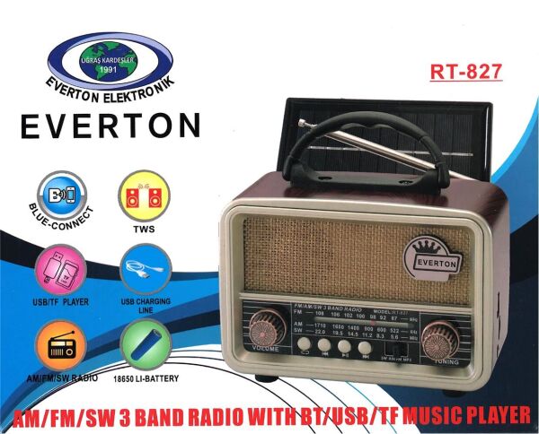 Everton RT-827 Bluetooth-USB-SD-FM Şarjlı Nostaljik Radyo (Solar Güneş Panelli)
