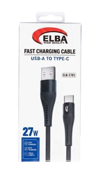 Elba ELB-2701 27w Usb-a To Type-c 1mt Siyah Örgülü Şarj Kablosu 480Mps Hızlı Şarj