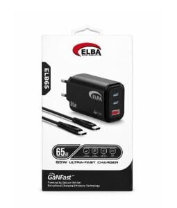 Elba ELB65 65W Siyah Ev Şarj Kafa + Type- C To Type-C Kablo  ( GANFAST Teknoloji )Şarj Aleti