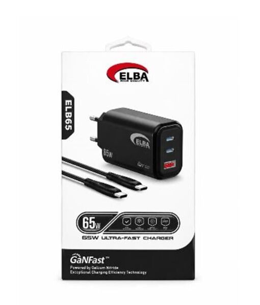 Elba ELB65 65W Siyah Ev Şarj Kafa + Type- C To Type-C Kablo  ( GANFAST Teknoloji )Şarj Aleti