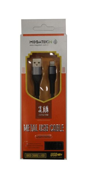Megatech 3.1A  Örgülü A Serisi IPH7 Data Kablosu Gri-Siyah