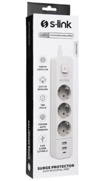 S-link SPG03TC 5V2.4A 1.5m 3x1.00mm 100 yüzde  Bakır 750 Joule 3 lü Anahtarlı Akım Korumalı Beyaz Priz