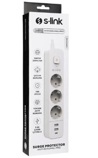 S-link SPG03TC 5V2.4A 1.5m 3x1.00mm 100 yüzde  Bakır 750 Joule 3 lü Anahtarlı Akım Korumalı Beyaz Priz