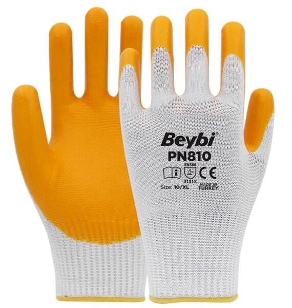 Beybi Nitril Poly Pn810 9 Beden Beyaz-Sarı 12li Eldiven