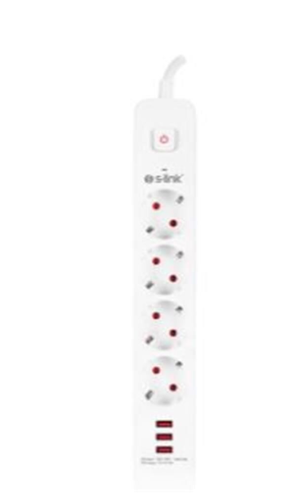S-link SPG403U 1.5m 1.5mm 100 yüzde  Bakır 750 Joule 3 Usb 5V2.4A 4lü Anahtarlı Akım Korumalı Priz