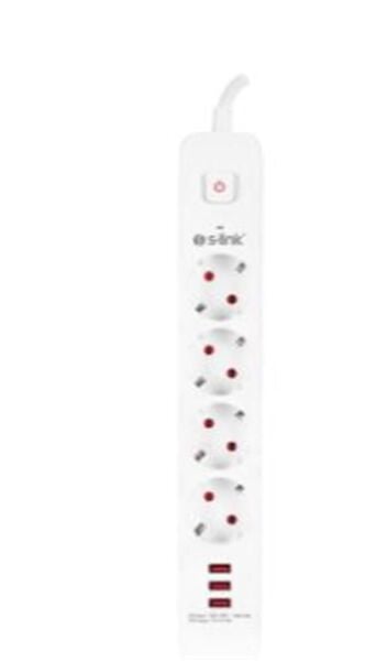 S-link SPG403U 1.5m 1.5mm 100 yüzde  Bakır 750 Joule 3 Usb 5V2.4A 4lü Anahtarlı Akım Korumalı Priz
