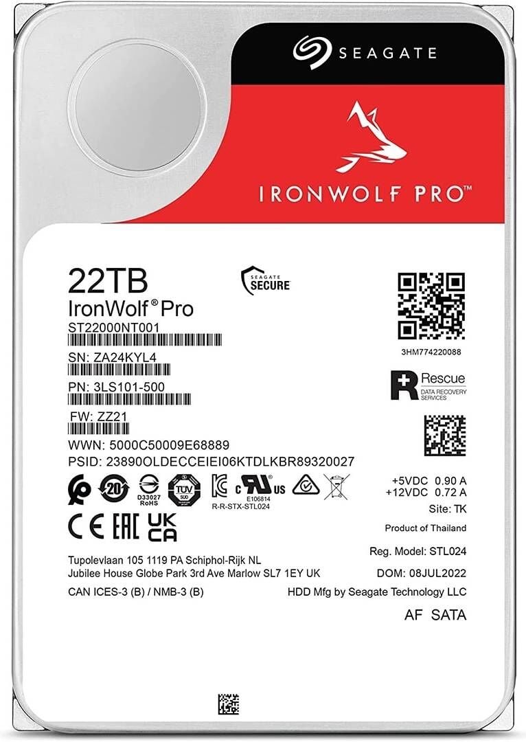 22 TB SEAGATE 3.5 IRONWOLF PRO SATA 7200RPM 512MB ST22000NT001