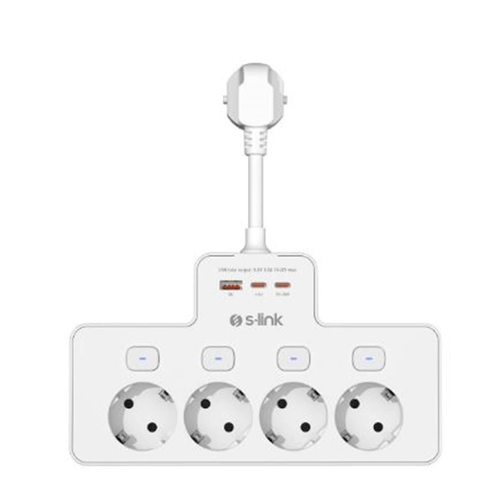 S-link PRZ08 Beyaz 4 Soketli 15cm 1 USB 2 Type-C PD20W Tam Bakır Kablolu Akım Korumalı Priz