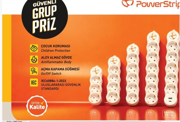 TUNCMATIK POWERSTRIP6 6 lı 5m IEC 66884-1:2022 Standartı, FR(Alev Almaz)anahtarlı grup priz