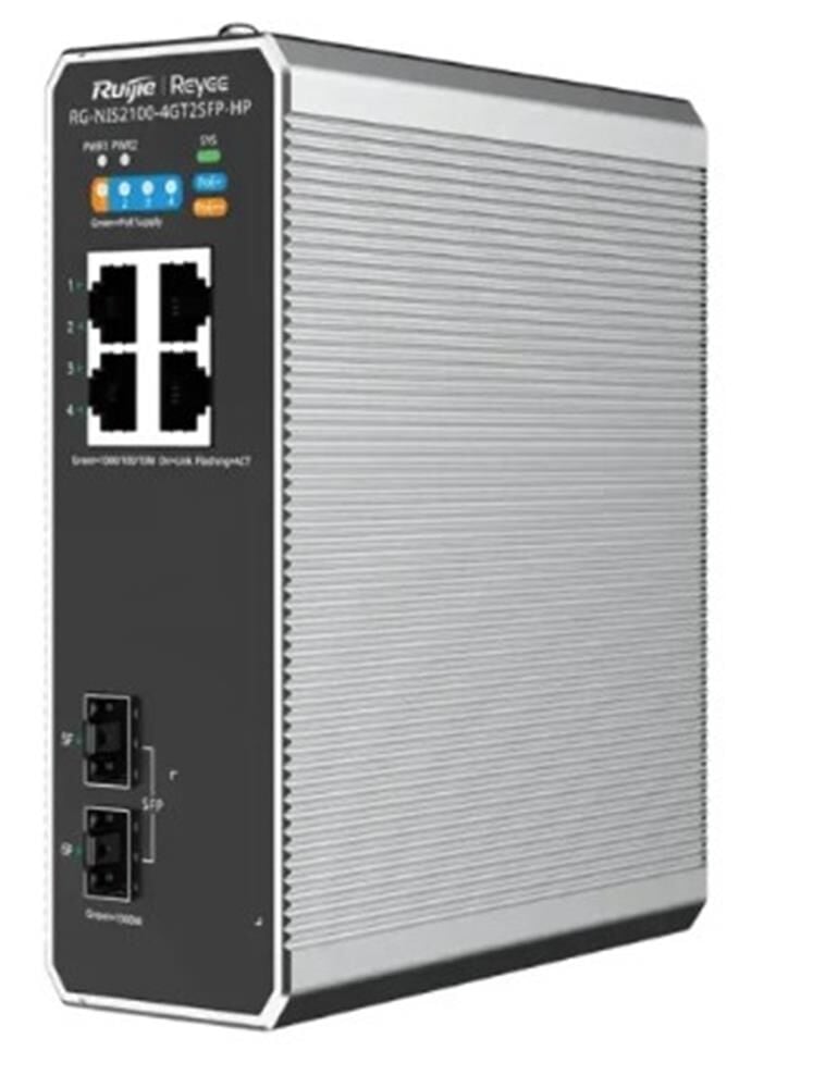 Ruijie RG-NIS21004GT2SFP-HP 4x10-100-1000 PoE+ 2xSFP Port IP40 Harici Güç Kaynağı Endüstriyel Switch