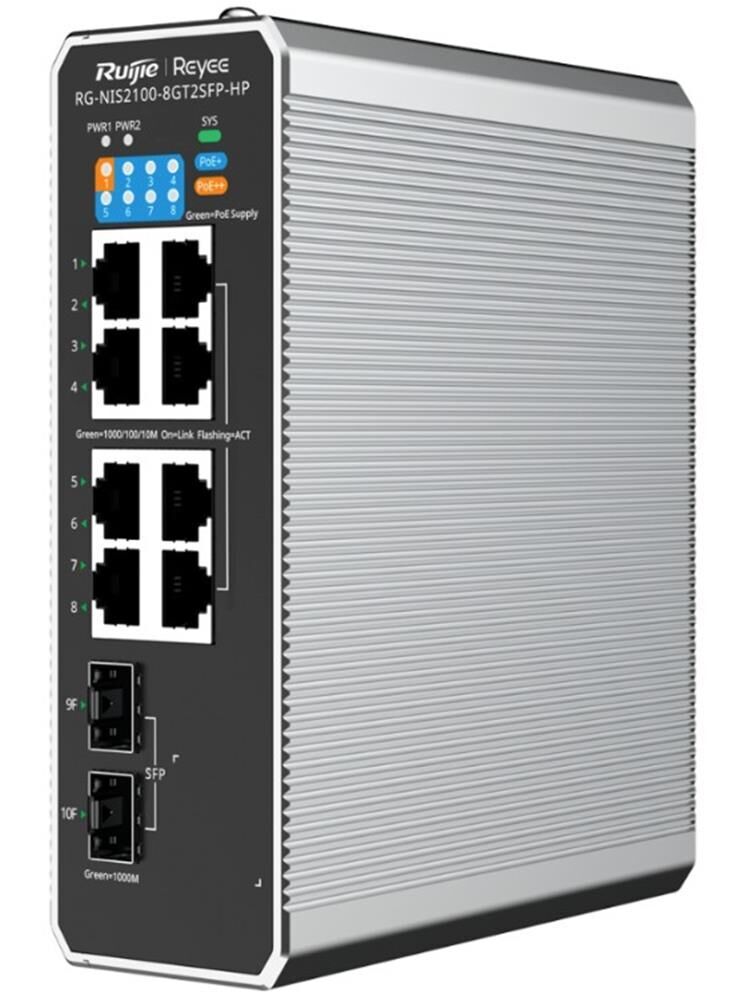 Ruijie RG-NIS2100-8GT2SFP-HP 8x10-100-1000 PoE+2xSFP Port IP40 Harici Güç Kaynağı Endüstriyel Switch