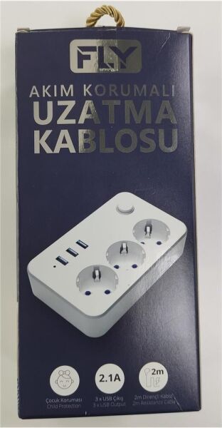 Fly 3406-01 3lü Anahtarlı 2.1A 3Usb Şarj Çıkışı 2mt Anahtarlı  Akım Korumalı Priz Çocuk Koruması