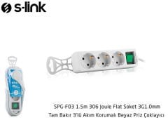 S-link SPG-F03 1.5m 306 Joule Flat Soket 3G1.0mm Tam Bakır 3 lü Akım Korumalı Priz Çoklayıcı
