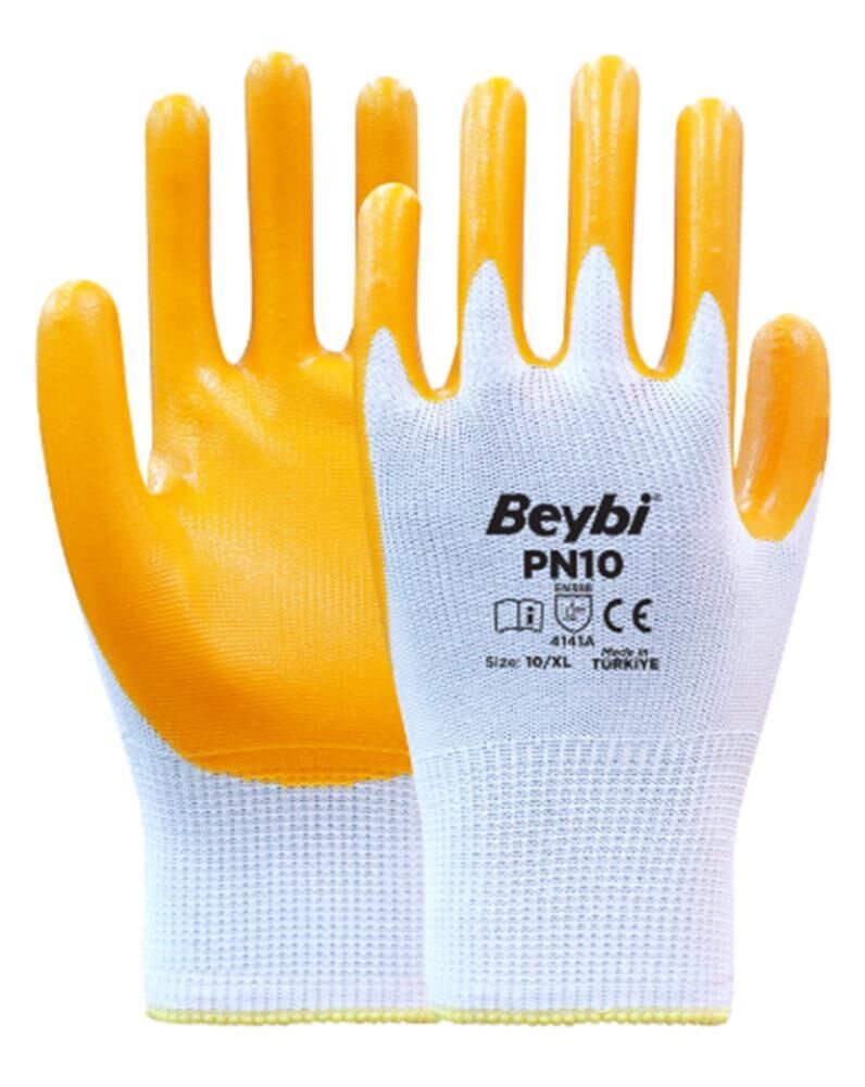 Beybi Nitril PMK PN10 10 Beden 12li Paket Polyester Örme Nitril Eldiven (4141A) Nitril 1-2 Kaplama