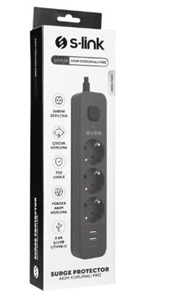 S-link SPG03U  5V2.4A 1.5m 3x1.00mm 100 yüzde  Bakır 750 Joule 3 lü Anahtarlı Akım Korumalı Siyah Priz