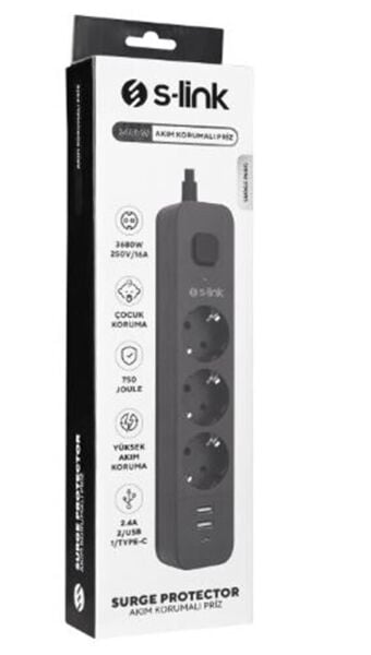 S-link SPG03U  5V2.4A 1.5m 3x1.00mm 100 yüzde  Bakır 750 Joule 3 lü Anahtarlı Akım Korumalı Siyah Priz