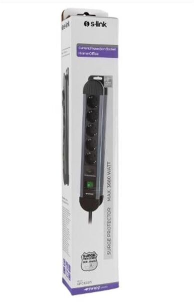 S-link SPGKS05 1.5m 3G1.5mm2 900 Joule 5Li Akım Kor. Gri Priz Çoklayıcı