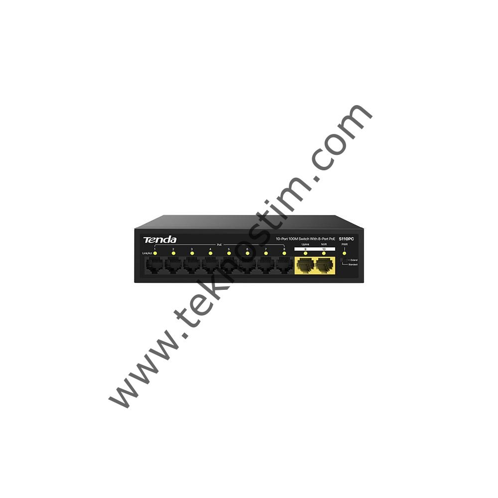 Tenda S110PC 10 Port 8 Port Poe+ 10-100 Mbps + 2 Port Uplink Switch Çelik Kasa Rack Mount