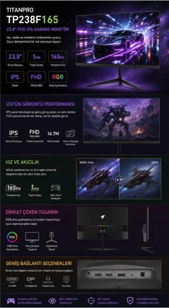 TITANPRO TP238F165 23,8'' 1MS 165Hz IPS FHD sRGB Gaming Monitör