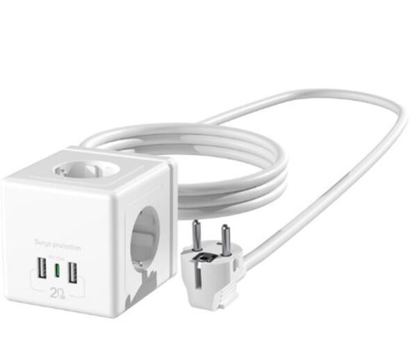 S-link PRZ04 4 Soketli 2 USB 1 Type-C PD20 2M 306 Joule Tam Bakır Küp Beyaz Akım Korumalı Priz