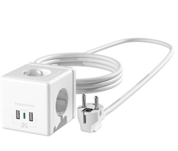 S-link PRZ04 4 Soketli 2 USB 1 Type-C PD20 2M 306 Joule Tam Bakır Küp Beyaz Akım Korumalı Priz