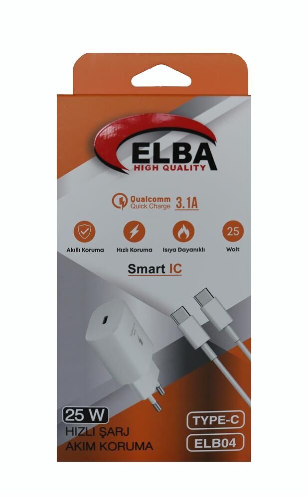Elba ELB04-PD-25WTypc Beyaz 25W Typc-e Ev Şarj Kafa+1mt Type-c To Type-c Kablo Hızlı Şarj