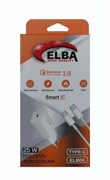 Elba ELB04-PD-25WTypc Beyaz 25W Typc-e Ev Şarj Kafa+1mt Type-c To Type-c Kablo Hızlı Şarj