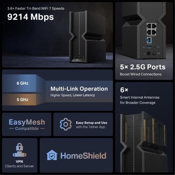 Tp-Link Archer BE550 Tri Bant Wifi 7 Kablosuz Router BE9300