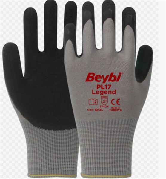 BEYBİ PL-17 10 Beden Gri-Siyah 12li Paket Legend Polyester Örme Lateks Eldiven