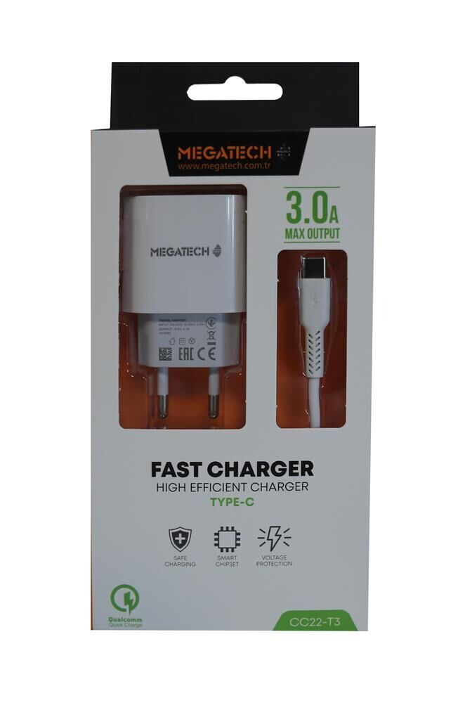 Megatech CC03(CC22-T3) 5v-3.0A Ev Şarj+Type-c Kablo Hızlı Şarj