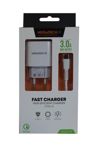 Megatech CC03(CC22-T3) 5v-3.0A Ev Şarj+Type-c Kablo Hızlı Şarj