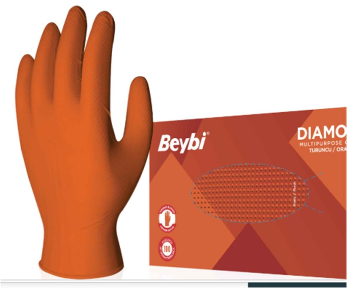 Beybi Diamond Pudrasız Xl Beden Kalın Turuncu Nitril Eldiven Ekstra Büyük 100 Adet