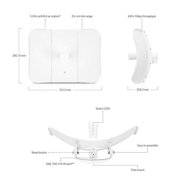 UBIQUITI LBE-5AC-LR 5GHZ 450MBPS 2X2 MU-MIMO 20KM 26DBI PTP/PTPMP DIŞ ORTAM ACCESS POINT
