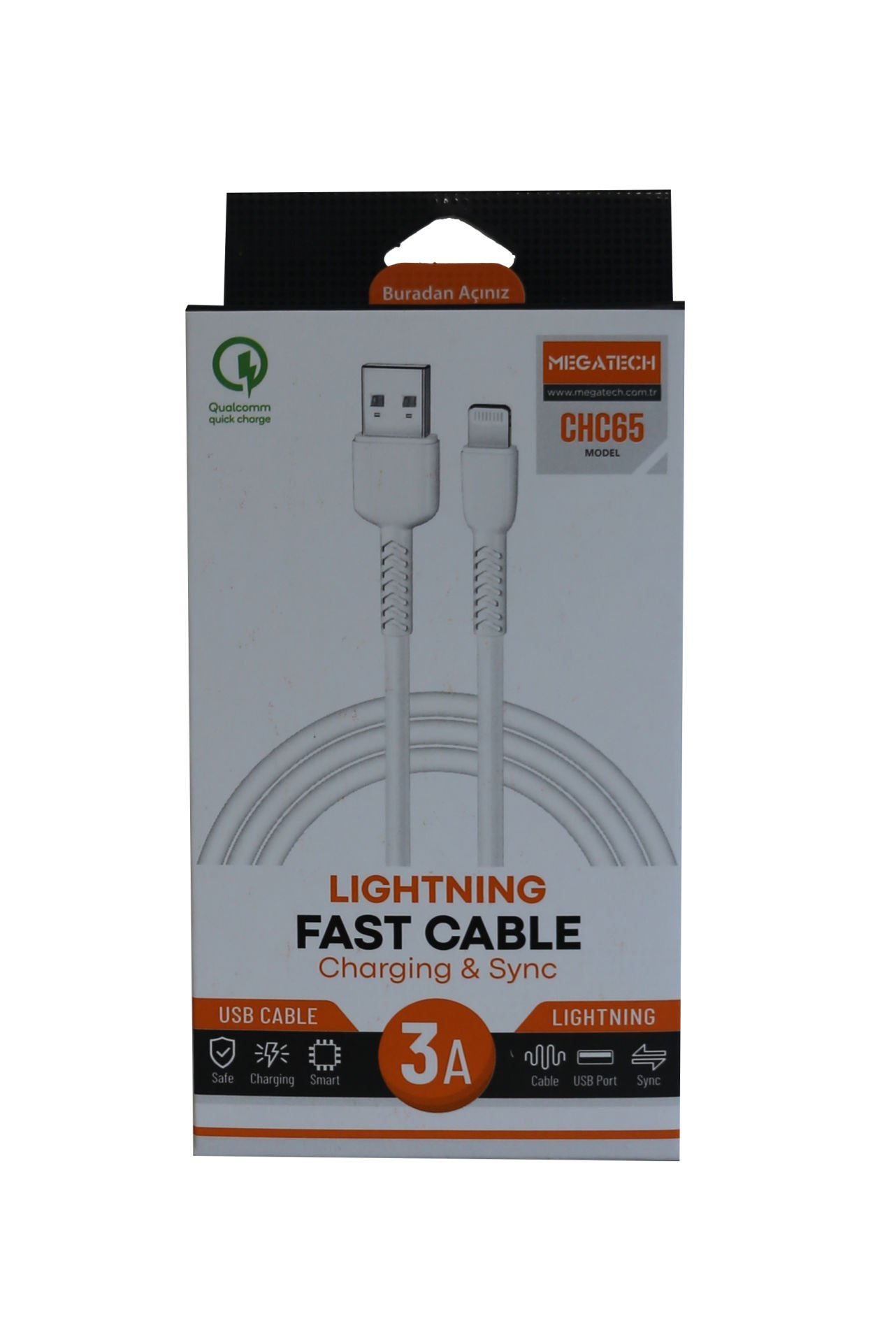 Megatech CHC65 3.0A 1mt Lightning Beyaz Şarj Kablosu