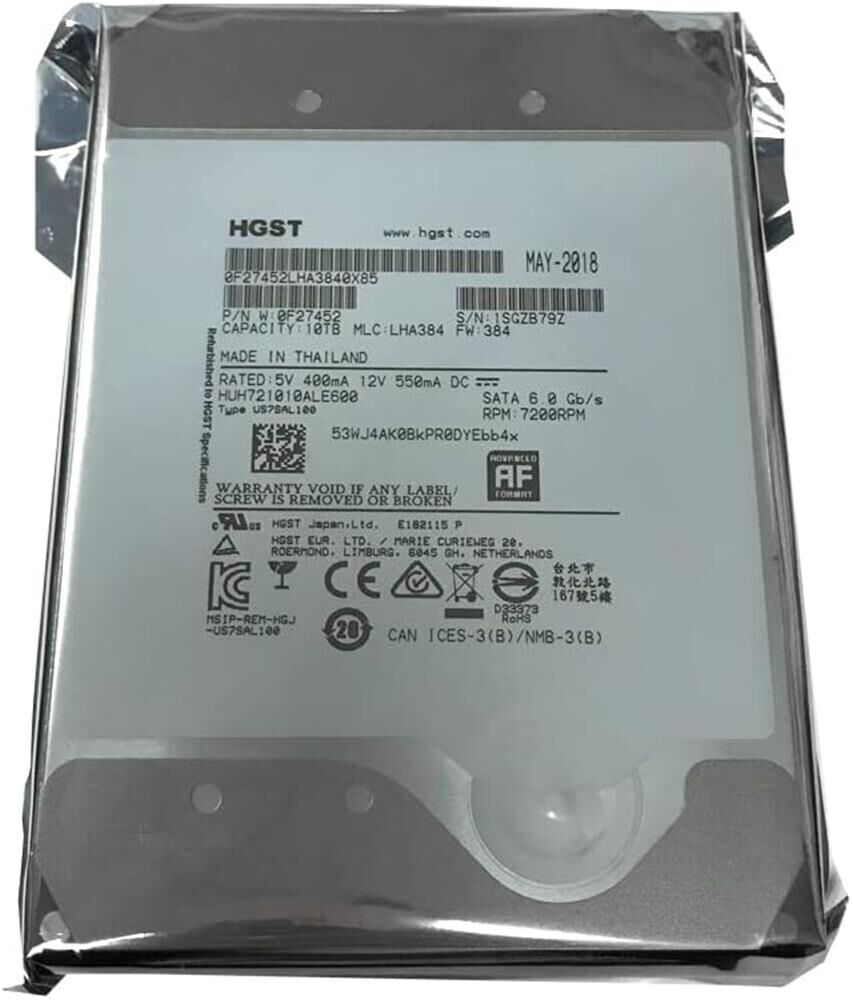 Hgst 10TB Ultrastar He10 HUH721010ALE600 SATA 6,Gbps 7200Rpm 256MB 3.5'' Harddisk