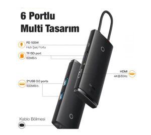 Baseus WKQX050101 Örgülü Kablo Type-C 6ın1 Hub (2Usb 3.0 -Hdmı-Sd-TF-Type-C)