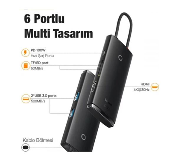 Baseus WKQX050101 Örgülü Kablo Type-C 6ın1 Hub (2Usb 3.0 -Hdmı-Sd-TF-Type-C)