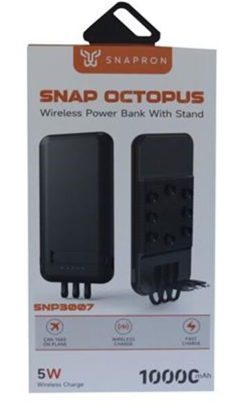 SnapMax SNP-3007 10.000 mah Siyah Vantuzlu Kablosuz ve 3in1 Kablolu Powerbank