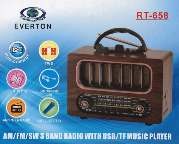Everton Rt-836  Bluetooth Fm-Usb-Tf-Aux Solarlı Şarjlı Nostaljik Radyo