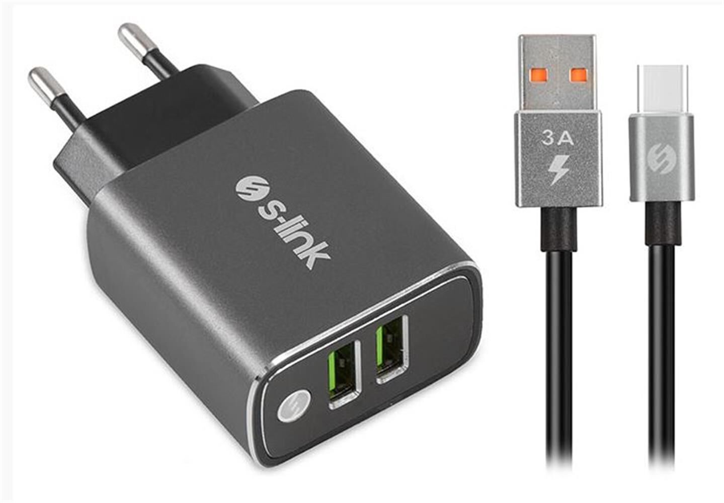 S-link SW-EHT36M 2 USB, 3.1A Metal Ev Sarj Cihazı ve Type-C Data + Sarj Kablosu