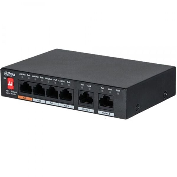 DAHUA PFS3006-4ET-60 4 PORT 10/100 + 2 PORT 10/100 UPLINK 250 METRE 60W POE METAL KASA SWITCH
