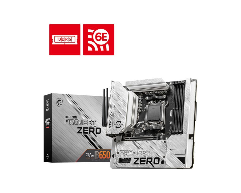 MSI B650M PROJECT ZERO AM5 DDR5 7600MHZ(OC) HDMI DP M.2 USB3.2 2.5G LAN WI-FI 6E mATX