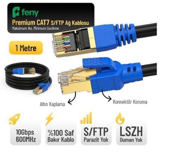 Feny FN-CAT7LS01 10GBPS İnternet 600MHZ 1 Metre CAT7 Gold Patch Kablo (Yanmaz- yüzde 100 Saf Bakır)
