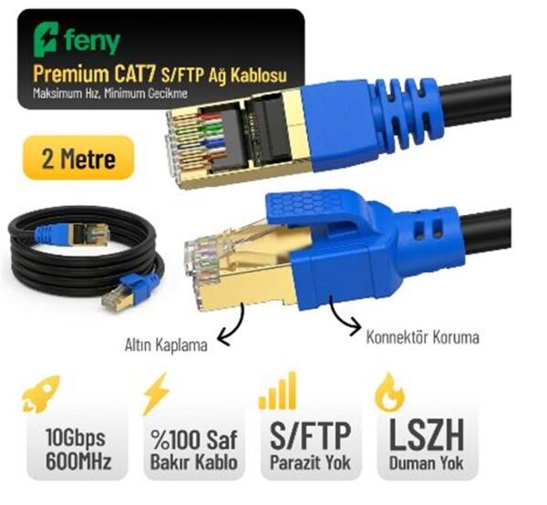 Feny FN-CAT7LS02 10GBPS İnternet 600MHZ 2 Metre CAT7 Gold Patch Kablo (Yanmaz- yüzde 100 Saf Bakır)