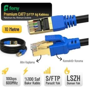 Feny FN-CAT7LS10 10GBPS İnternet 60MHZ 10 Metre CAT7 Gold Patch Kablo (Yanmaz- yüzde 100 Saf Bakır)
