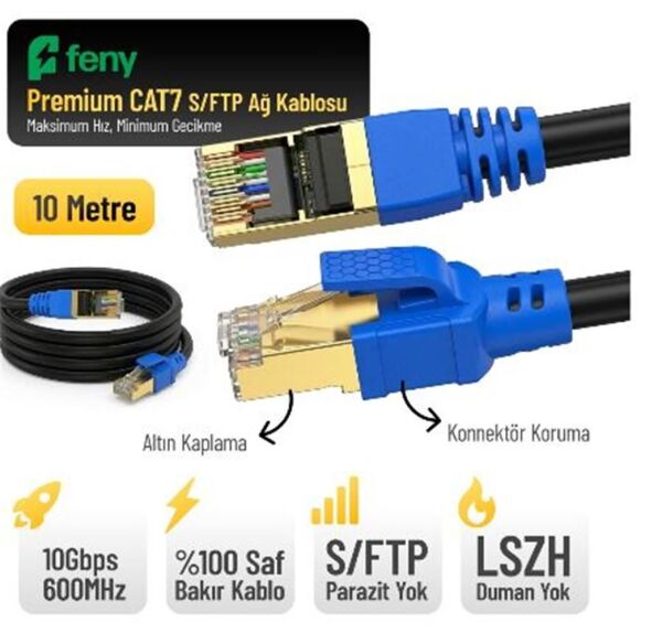 Feny FN-CAT7LS10 10GBPS İnternet 600MHZ 10 Metre CAT7 Gold Patch Kablo (Yanmaz- yüzde 100 Saf Bakır)