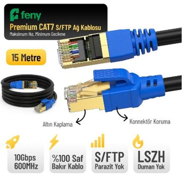 Feny FN-CAT7LS15 10GBPS İnternet 600MHZ 15 Metre CAT7 Gold Patch Kablo (Yanmaz- yüzde 100 Saf Bakır)