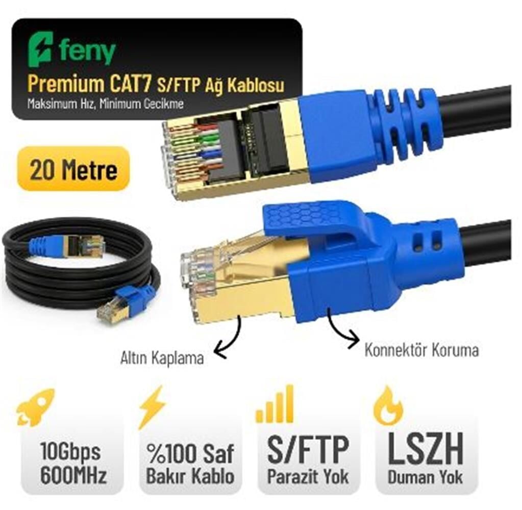 Feny FN-CAT7LS20 10GBPS İnternet 600MHZ 20 Metre CAT7 Gold Patch Kablo (Yanmaz- yüzde 100 Saf Bakır)